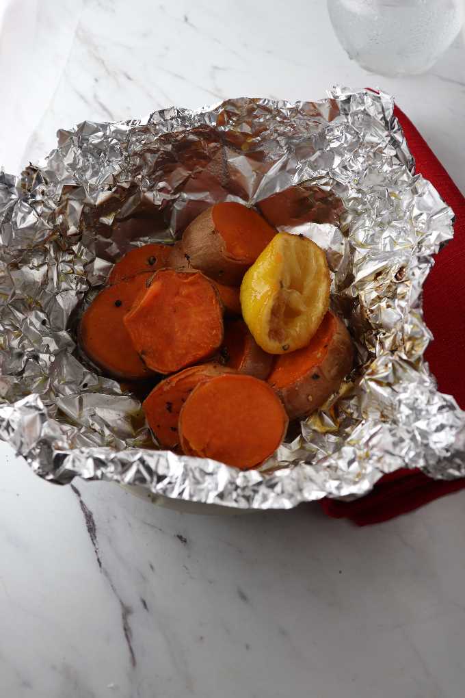 grilled sweet potatoes in a foil packet