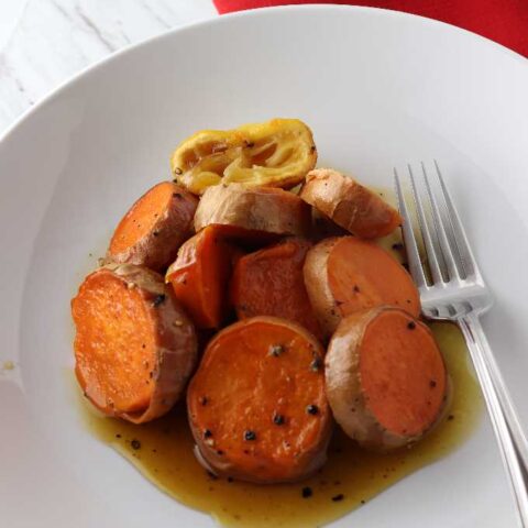 slices of grilled sweet potato in a white dish