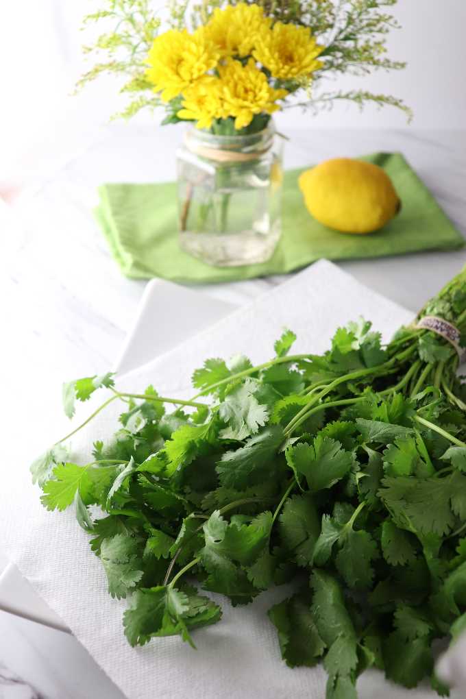 cilantro and lemon next to a pitcher of yellow flowers