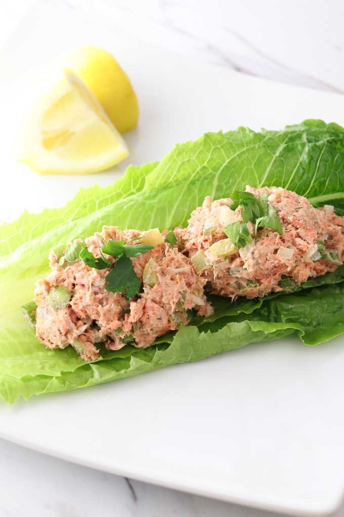 salmon salad on a lettuce leaf