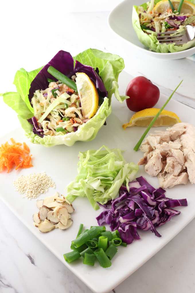 overhead photo of the ingredients needed for cabbage salad
